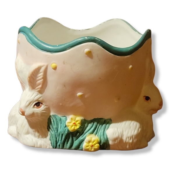 Vtg Candle Holder Tea Light Easter Bunny Rabbit Egg Flowers Jellybeans - Picture 1 of 7